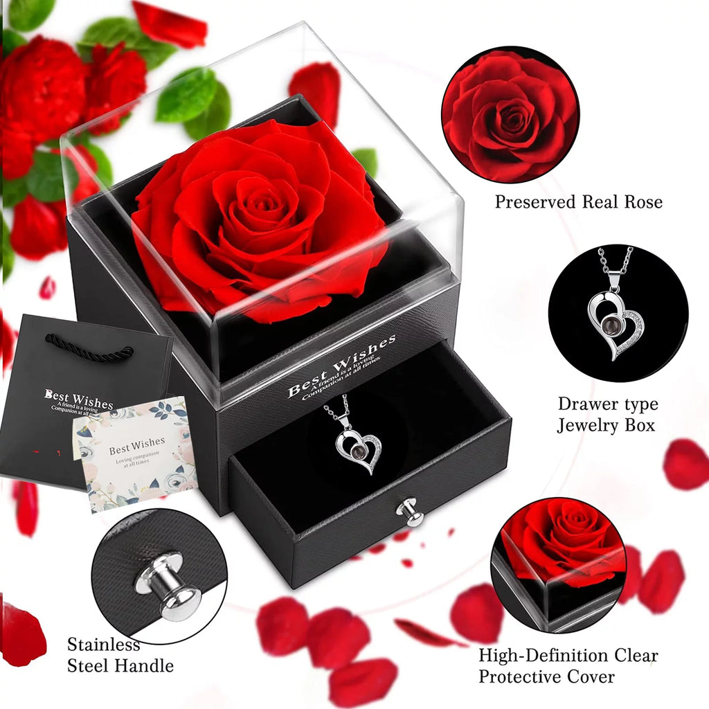 Preserved Red Real Rose with Heart I Love You Necklace，Eternal Flowers Rose Birthday Gifts for Women Her Mom Wife Girlfriend Grandma on Valentines Mothers Day Christmas Anniversary Romant