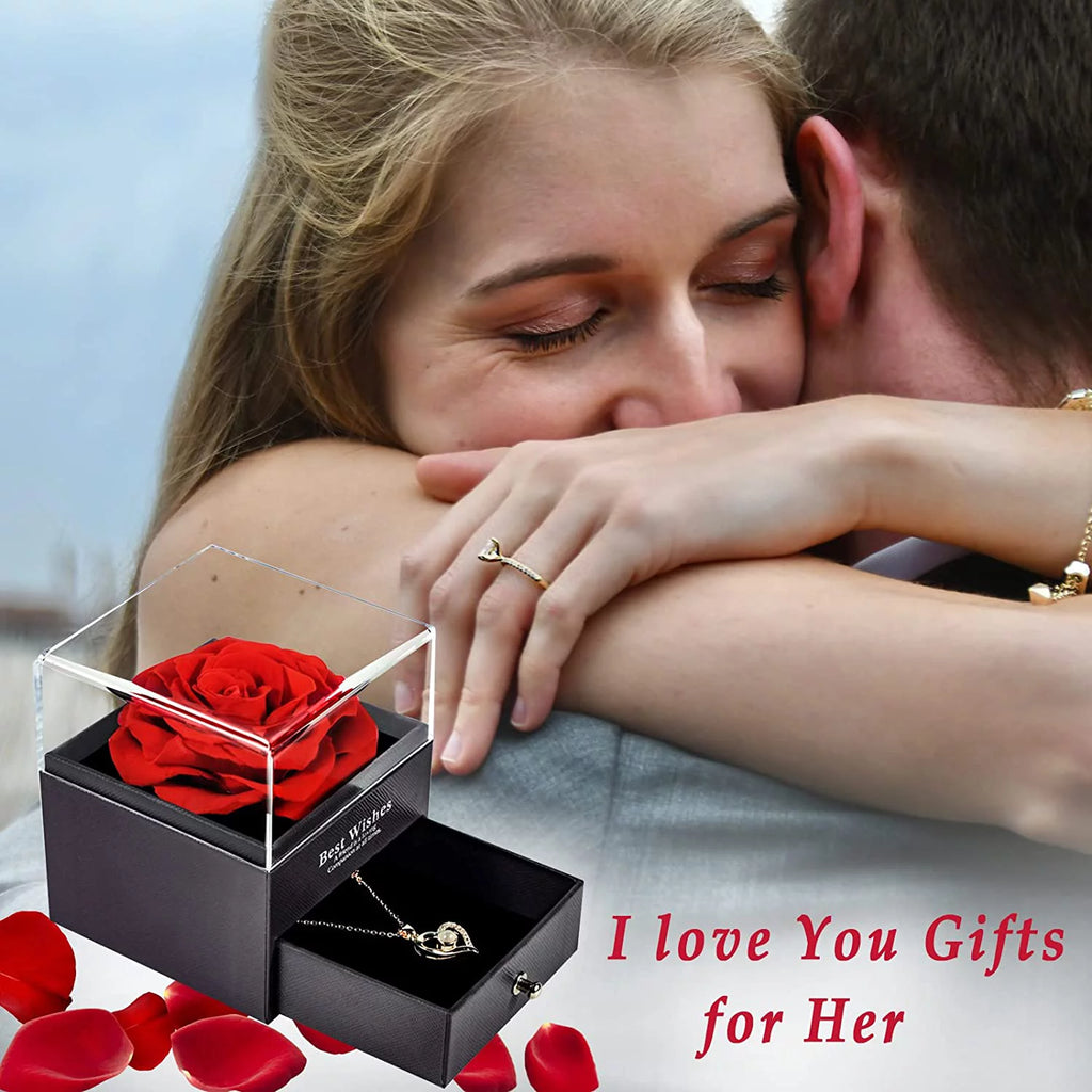 Preserved Red Real Rose with Heart I Love You Necklace，Eternal Flowers Rose Birthday Gifts for Women Her Mom Wife Girlfriend Grandma on Valentines Mothers Day Christmas Anniversary Romant